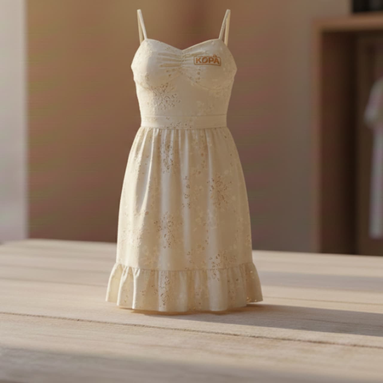 A woman wearing a light, elegant floral summer dress in a sunny field.