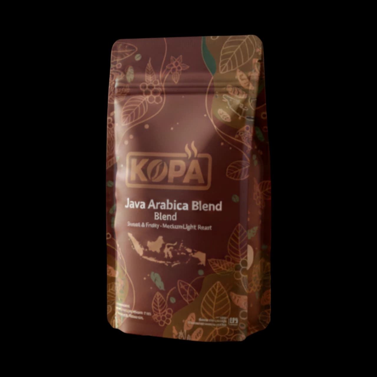 A minimalist, elegant bag of Kopi Kopa Java Arabica whole bean coffee.