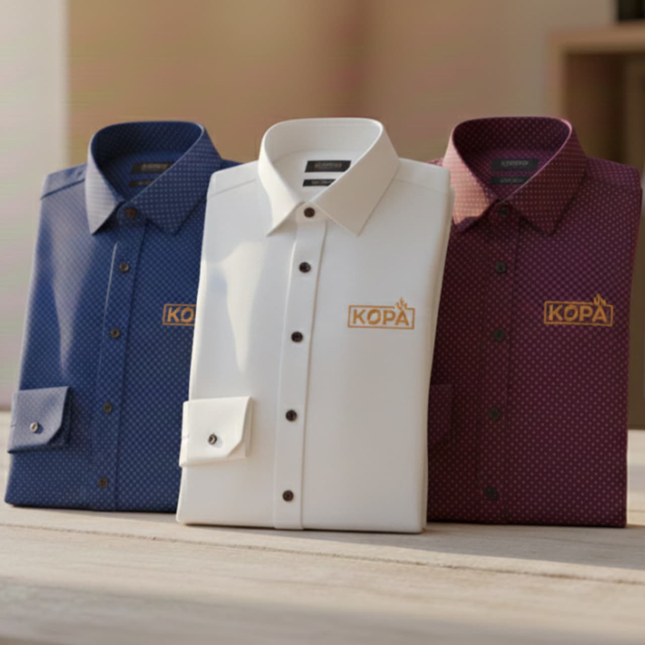 A neatly folded stack of classic cotton shirts in various colors.