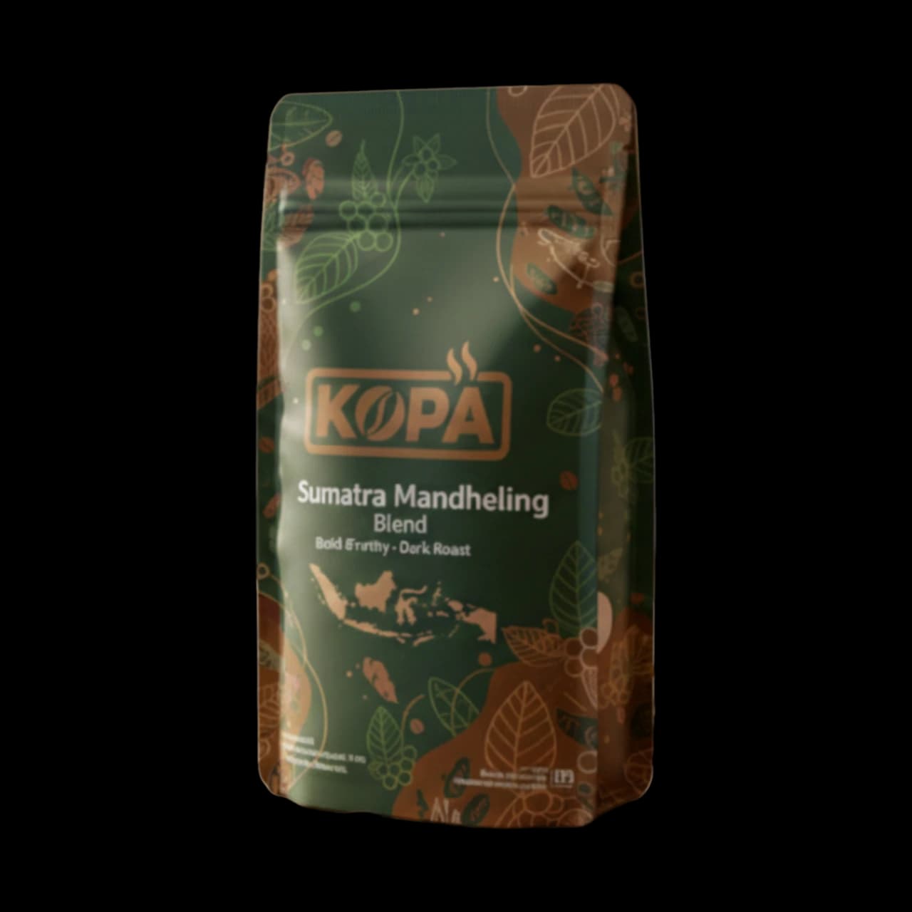 A rustic, burlap-textured bag of Kopi Kopa Sumatra Mandheling whole bean coffee.