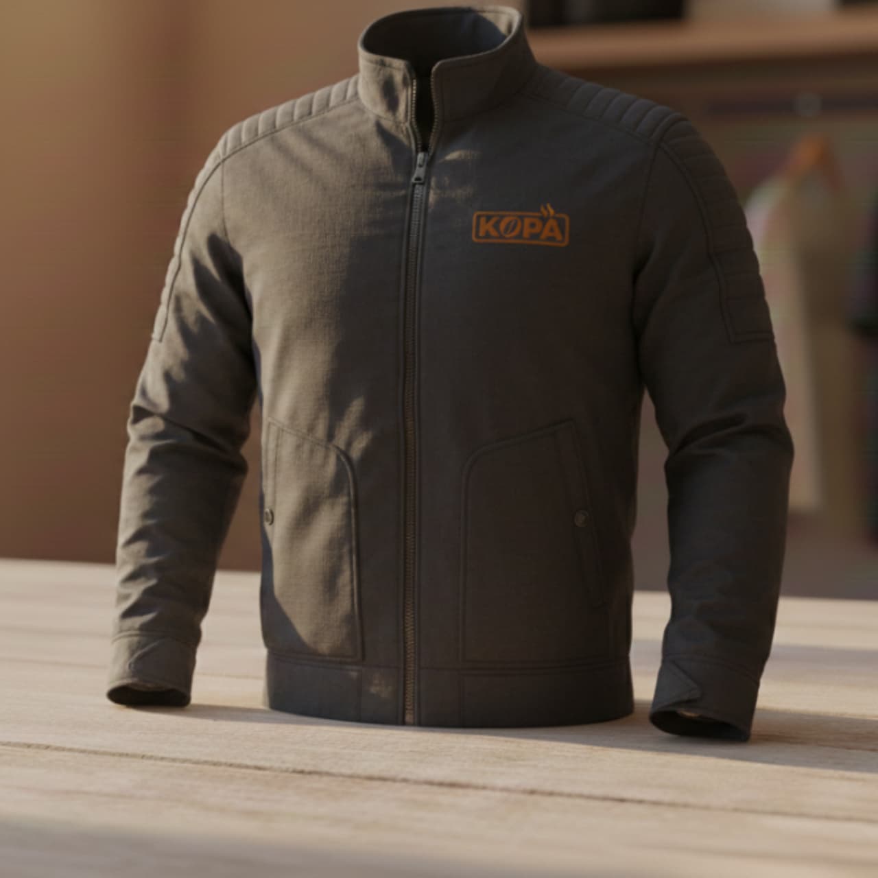 A man wearing a stylish, dark grey urban jacket in a city setting.